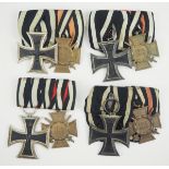 Deutsches Reich: Lot von 4 Ordenschnallen.Je mit 1.) Preussen: Eisernes Kreuz, 1914, 2. Klasse,