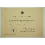 Eisernes Kreuz, 1939, 1. Klasse Urkunde für einen vermissten Leutnant.Vordruck, Querformat, gelocht,