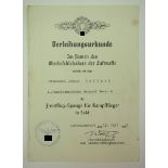 Frontflugspange für Kampfflieger, in Gold Urkunde für einen Feldwebel der I./ K.G. "General Wever"