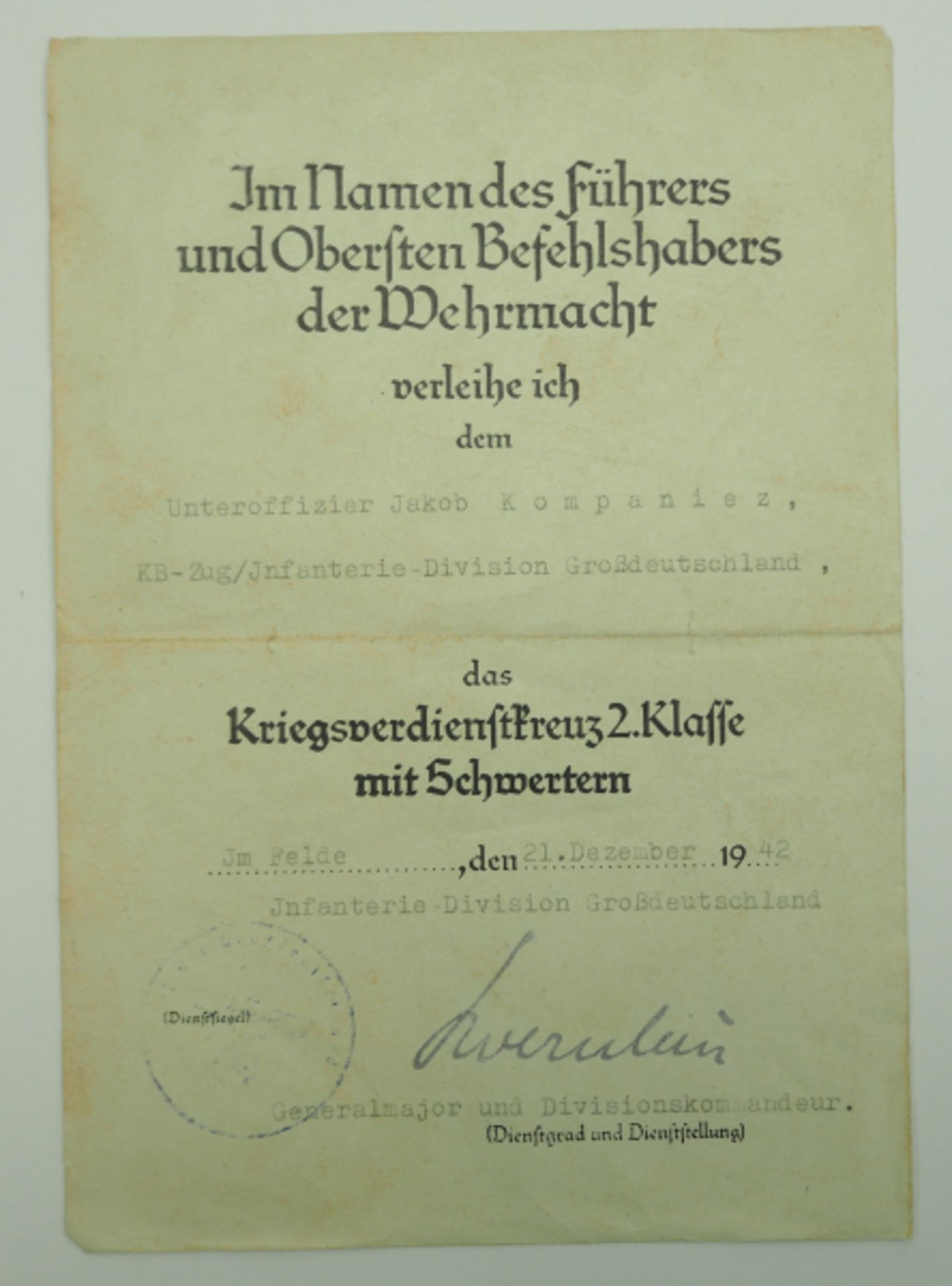 Urkundengruppe eines Feldwebel des Kriegsberichter-Zug/ Pz.-Grenadier-Division "Großdeutschland".- - Bild 3 aus 4