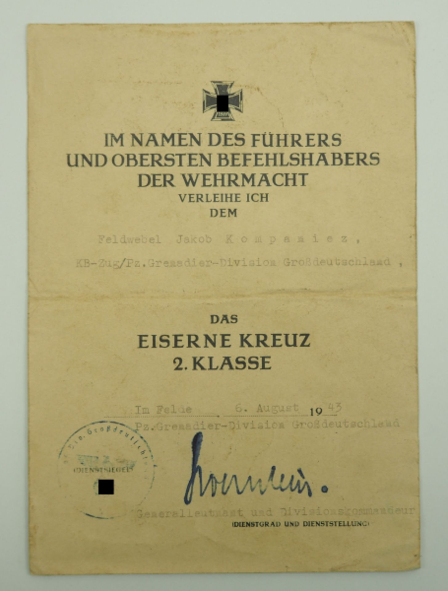 Urkundengruppe eines Feldwebel des Kriegsberichter-Zug/ Pz.-Grenadier-Division "Großdeutschland".- - Bild 2 aus 4