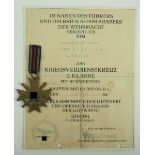 Kriegsverdienstkreuz, 2. Klasse mit Schwertern und Urkunde für einen Rottw. d. FSchP. d. Res. der