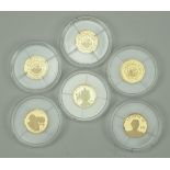 Liberia: Sammlung von 6 Goldmünzen.Je 25 Dollar in Gold, diverse Motive, gekapselt.Zustand: I