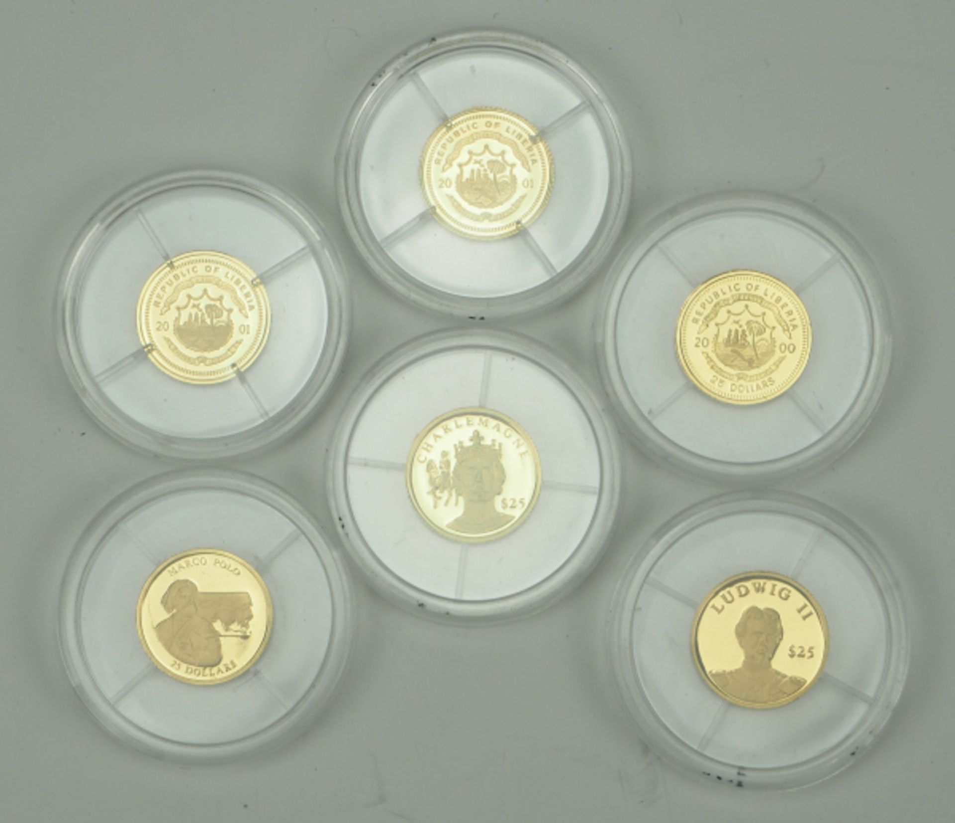 Liberia: Sammlung von 6 Goldmünzen.Je 25 Dollar in Gold, diverse Motive, gekapselt.Zustand: I