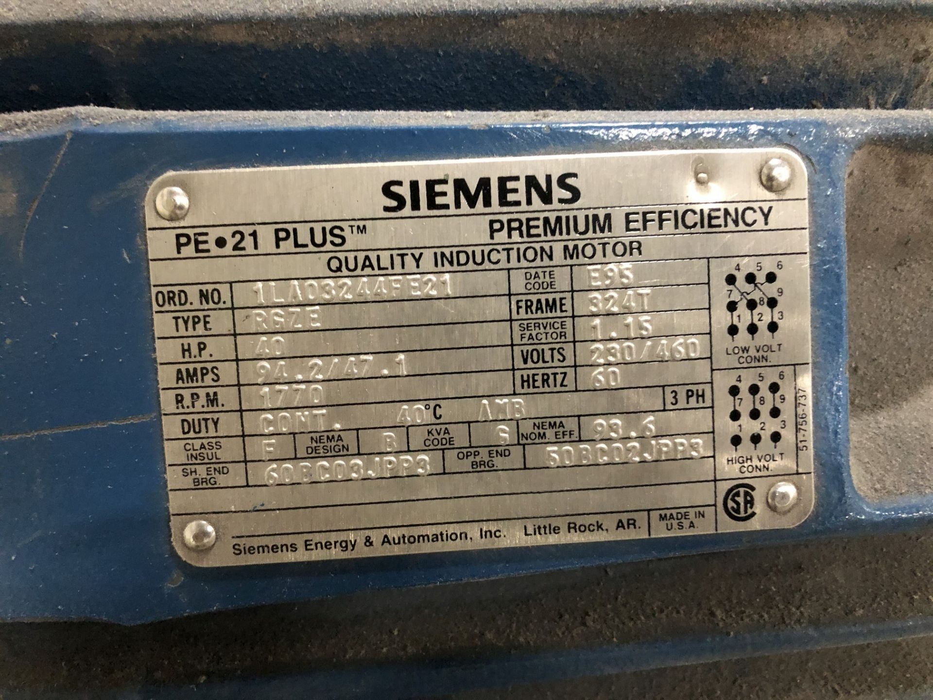 Siemens 40 HP Quality Induction Motor, Ord. No. 1LA03244FE21, Type RGZE - Image 3 of 3