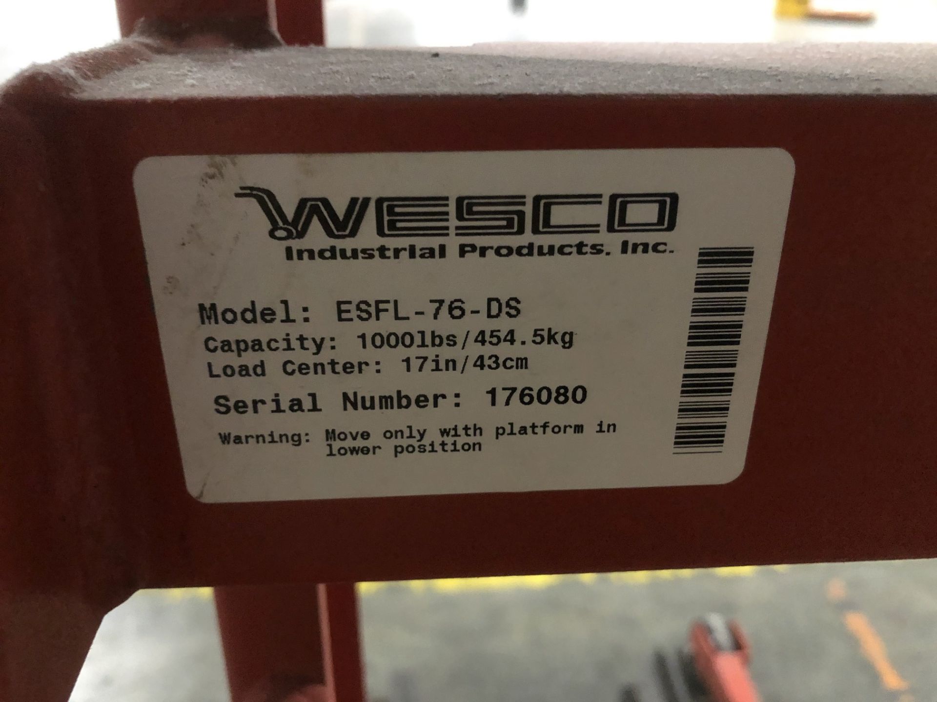 Wesco 1,000 Lb. Cap. Hydraulic Drum Stacker, Model ESFL-76-DS, S/N 176080 - Bild 3 aus 3