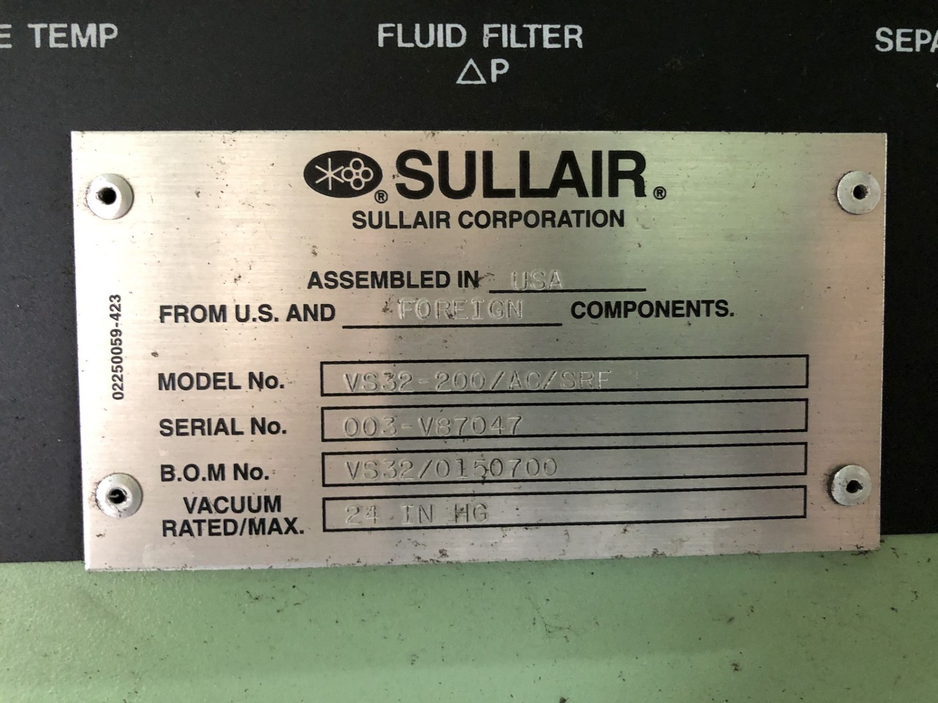 Sullair 200 HP Vacuum Pump, Model VS32-200/AC/SRF, Meter Read 92,727 Hours on 12/17/2019, S/N 003- - Image 5 of 5