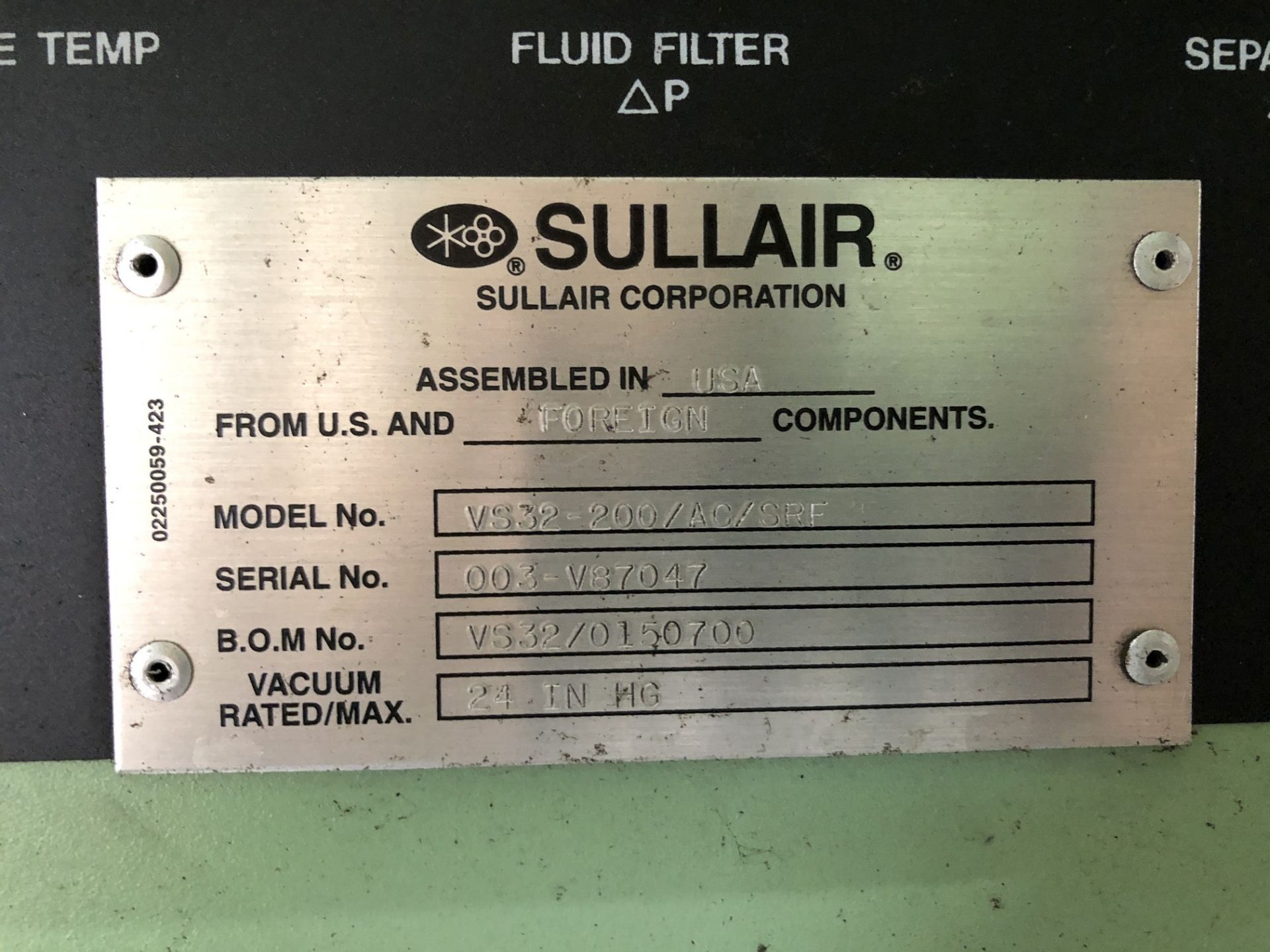 Sullair 200 HP Vacuum Pump, Model VS32-200/AC/SRF, Meter Read 92,727 Hours on 12/17/2019, S/N 003- - Bild 5 aus 5