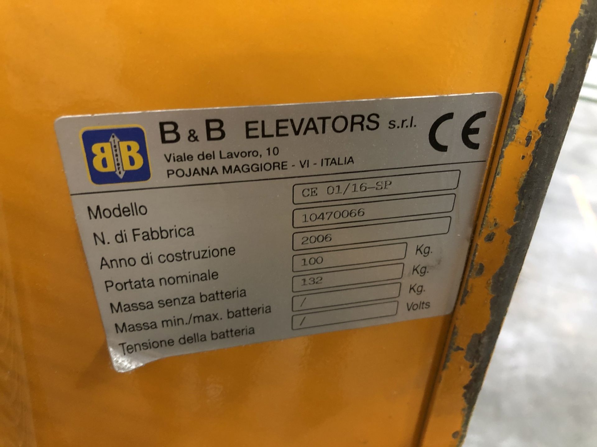 2006 B&B Elevators 100 Kg (220 Lb.) Cap. Coil Lift, Model CE 01/16-SP, S/N 10470066 - Image 3 of 3