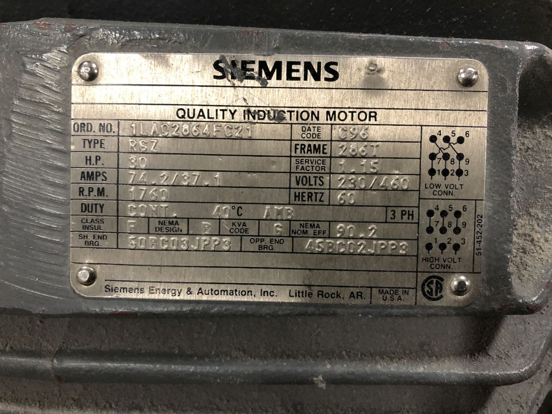 Siemens 30 HP Quality Induction Motor, Ord. No. 1LA02864FC21, Type RGZ - Image 2 of 2