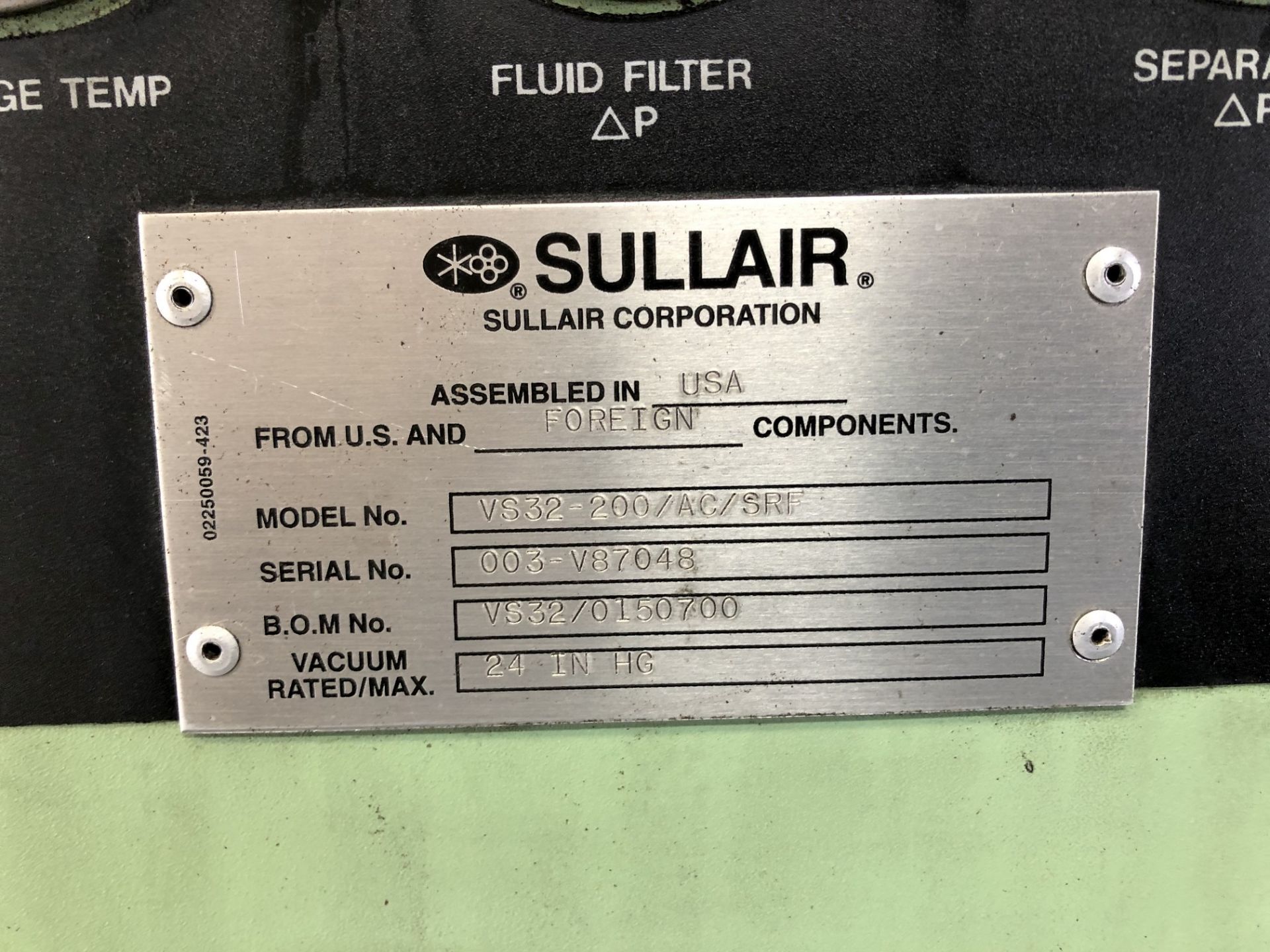 Sullair 200 HP Vacuum Pump, Model VS32-200/AC/SRF, Meter Read 90,261 Hours on 12/17/2019, S/N 003- - Image 6 of 6