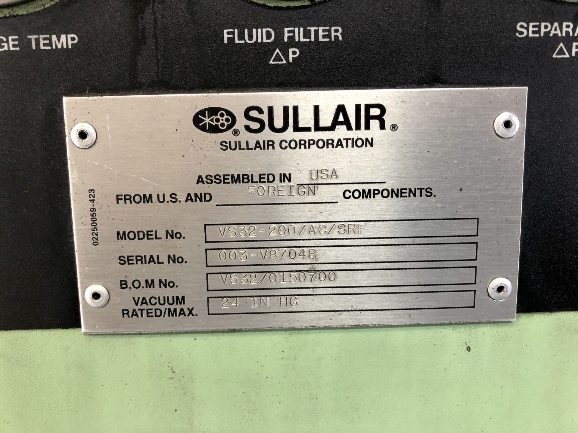 Sullair 200 HP Vacuum Pump, Model VS32-200/AC/SRF, Meter Read 90,261 Hours on 12/17/2019, S/N 003- - Bild 6 aus 6