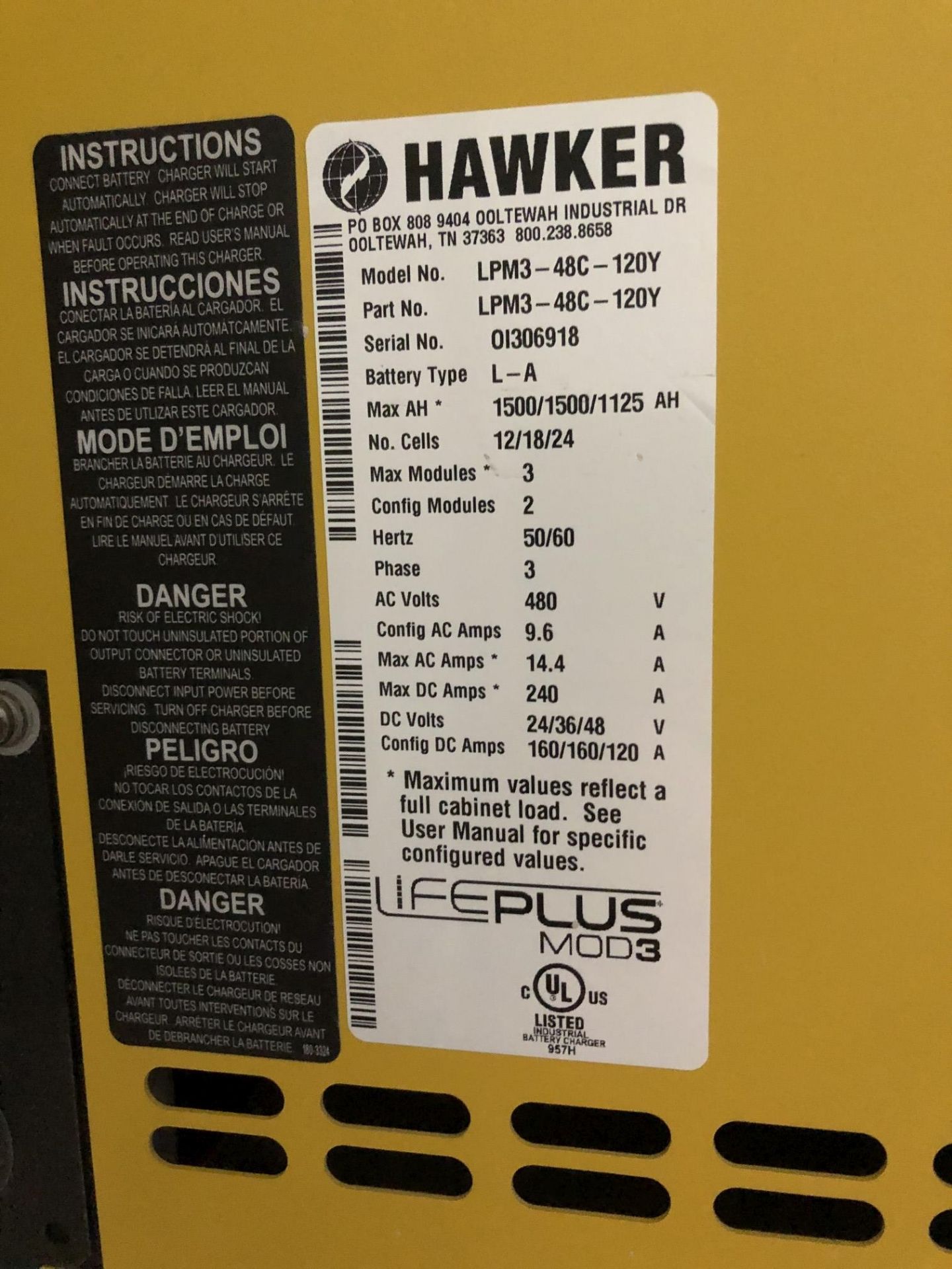 Hawker LifePlus Mod3 Chargers, Model LPM3-48C-120Y, Auto Cell Sizing for 12/18/24 Cells - Image 5 of 5