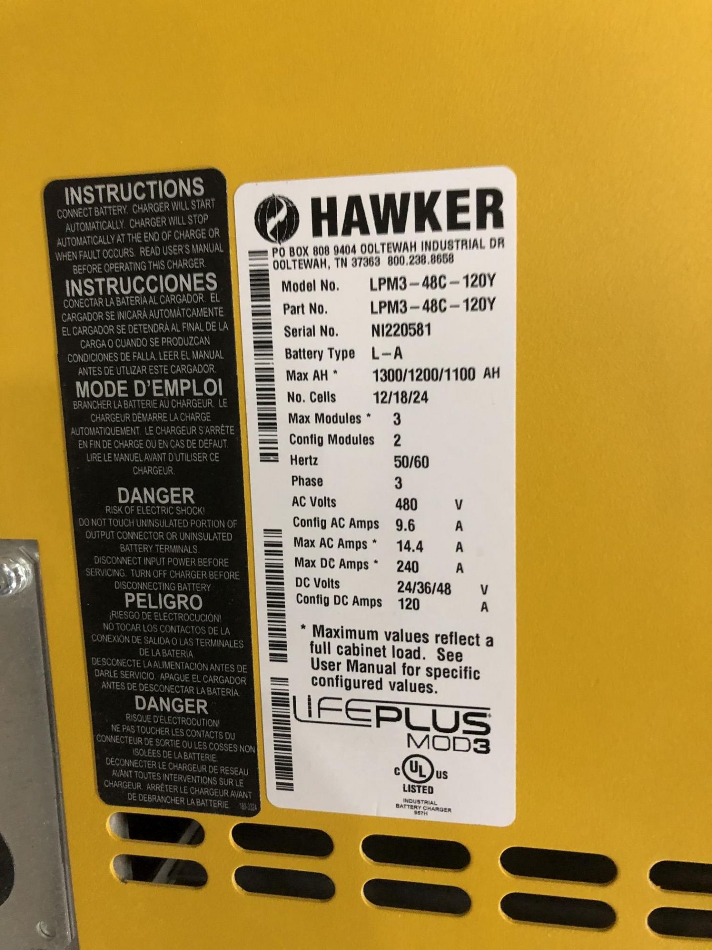 Hawker LifePlus Mod3 Chargers, Model LPM3-48C-120Y, Auto Cell Sizing for 12/18/24 Cells - Image 4 of 5