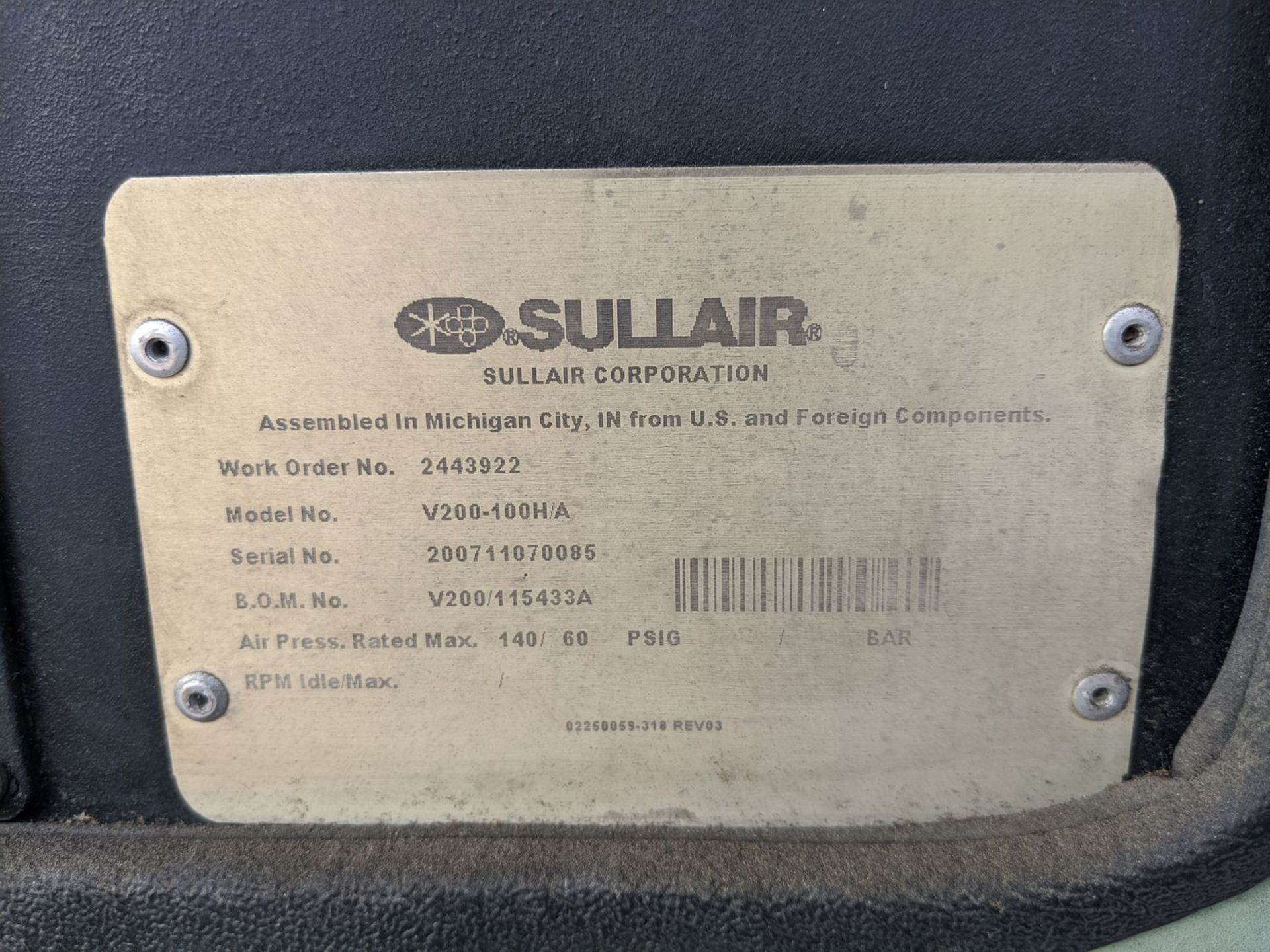 Sullair Mdl: V200-100H/A 100HP Rotary Screw Air Compressor: 140 Max PSI, 55,215 Running Hours, 460V, - Image 5 of 5