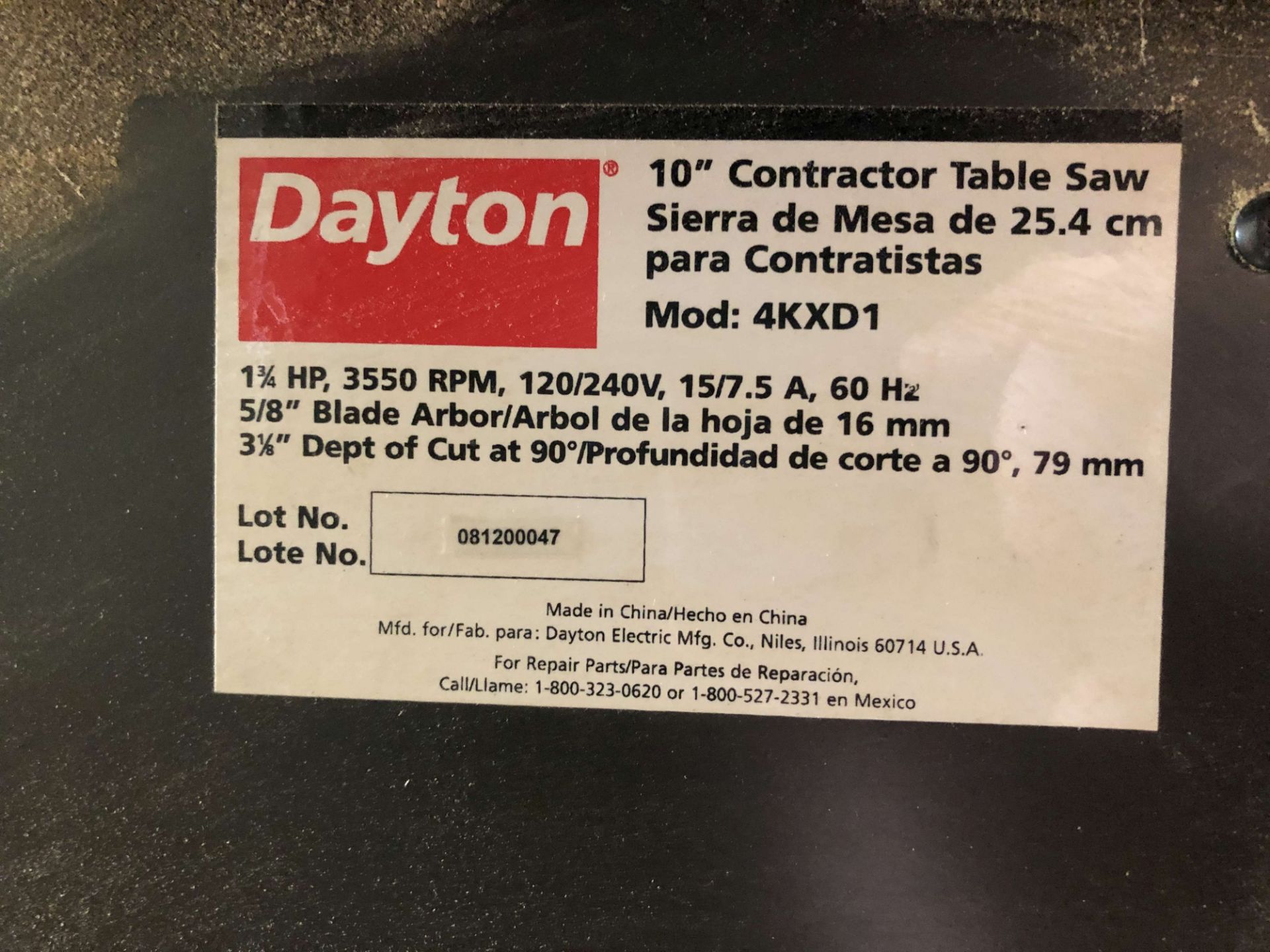 Dayton 10" Contractor Table Saw, Model 4KXD1 - Image 3 of 3