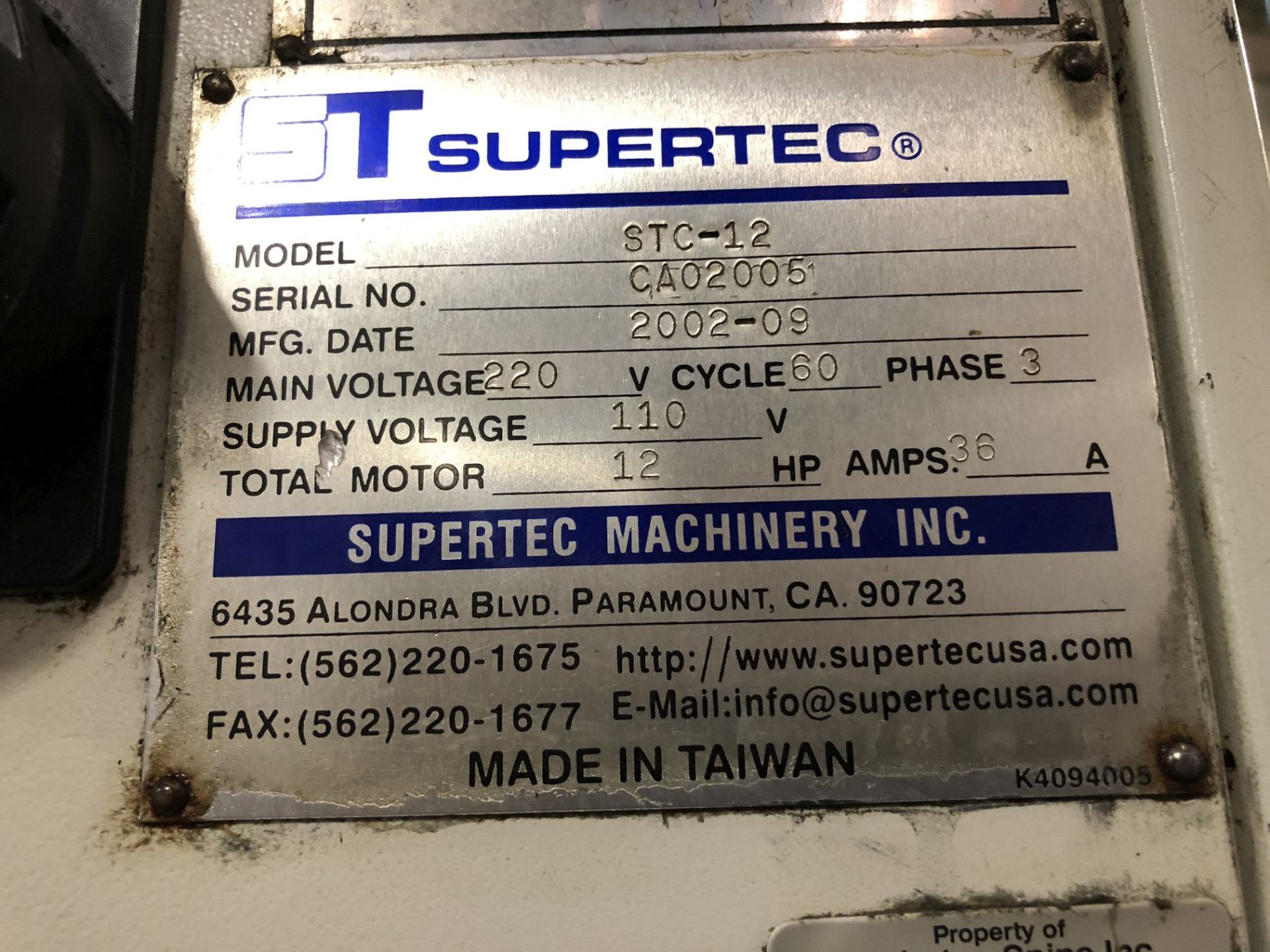 2002 Supertec STC-12 Centerless Grinder, Grinding Wheel Size: 12" x 5", S/N CA02005 (SPT #404) - Image 5 of 6