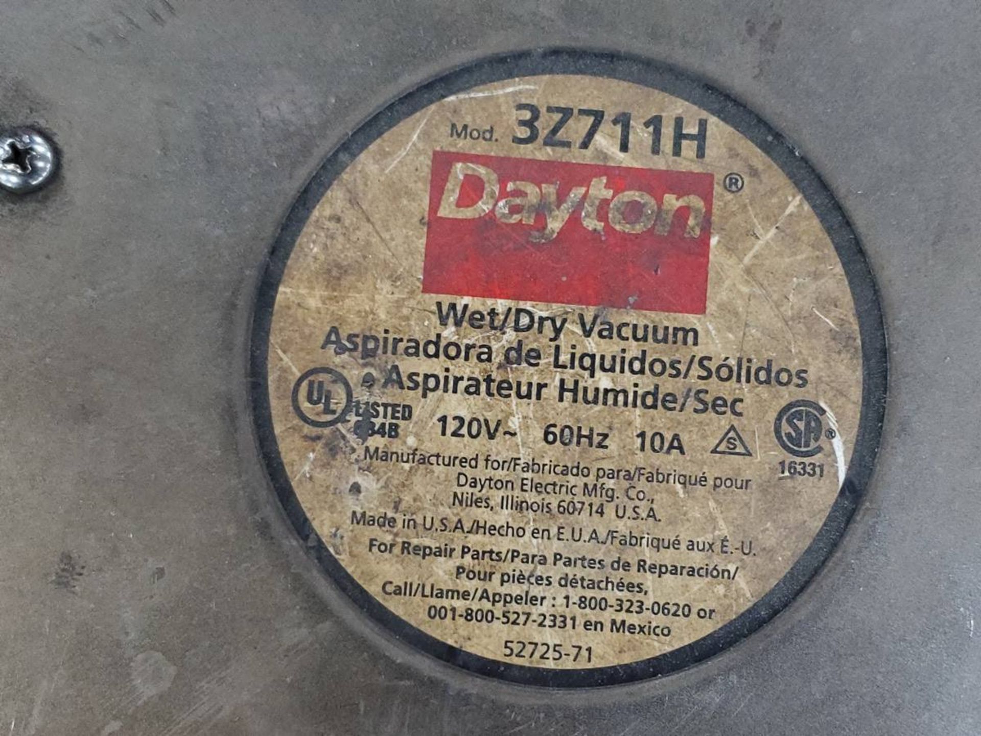 Dayton 3Z711G Wet/ Dry Vacuum - Image 3 of 3