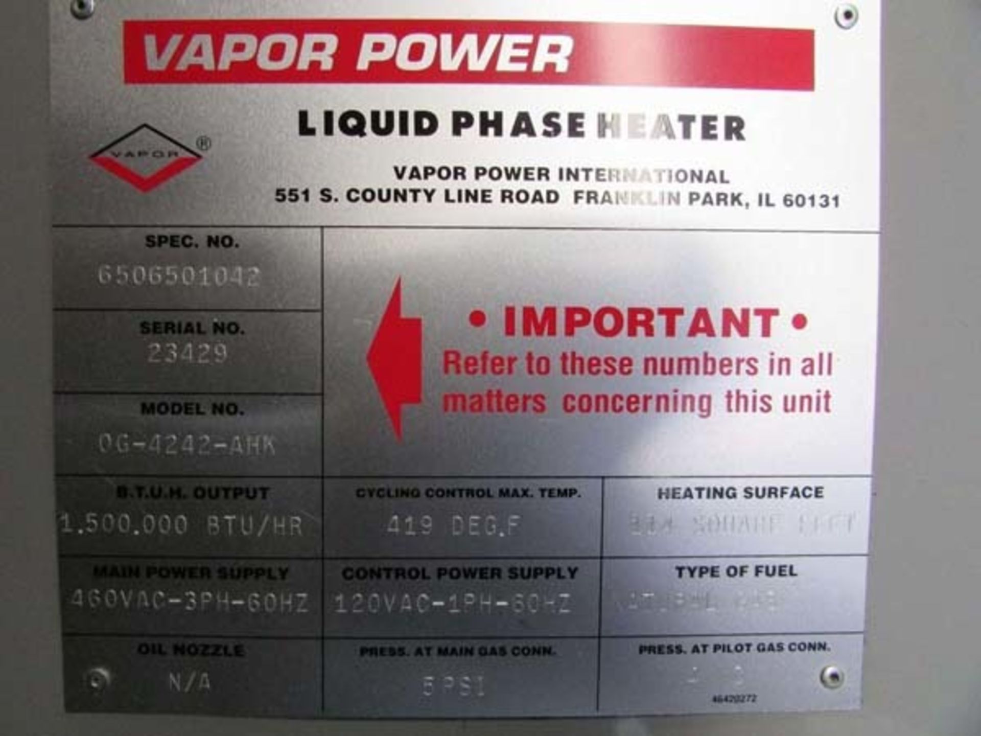 2006 Vapor Power Natural Gas Water Boiler | 5 PSI x 3 HP, Mdl: OG-4242-AHK, S/N: 23429 - Located In: - Image 10 of 10