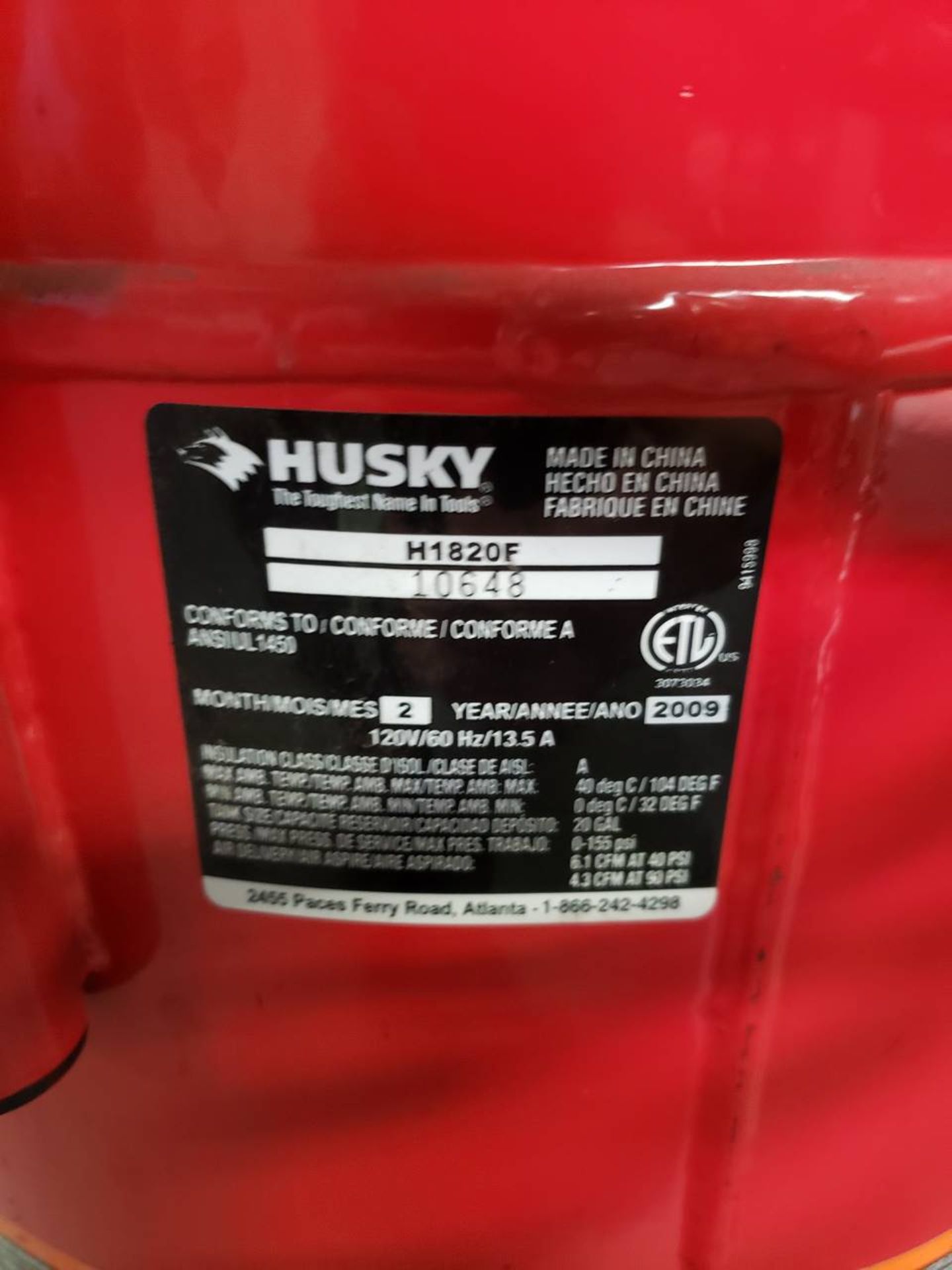 Husky H1820 F 20gal, 1.8hp Compressor S/N 10648 - Image 3 of 3