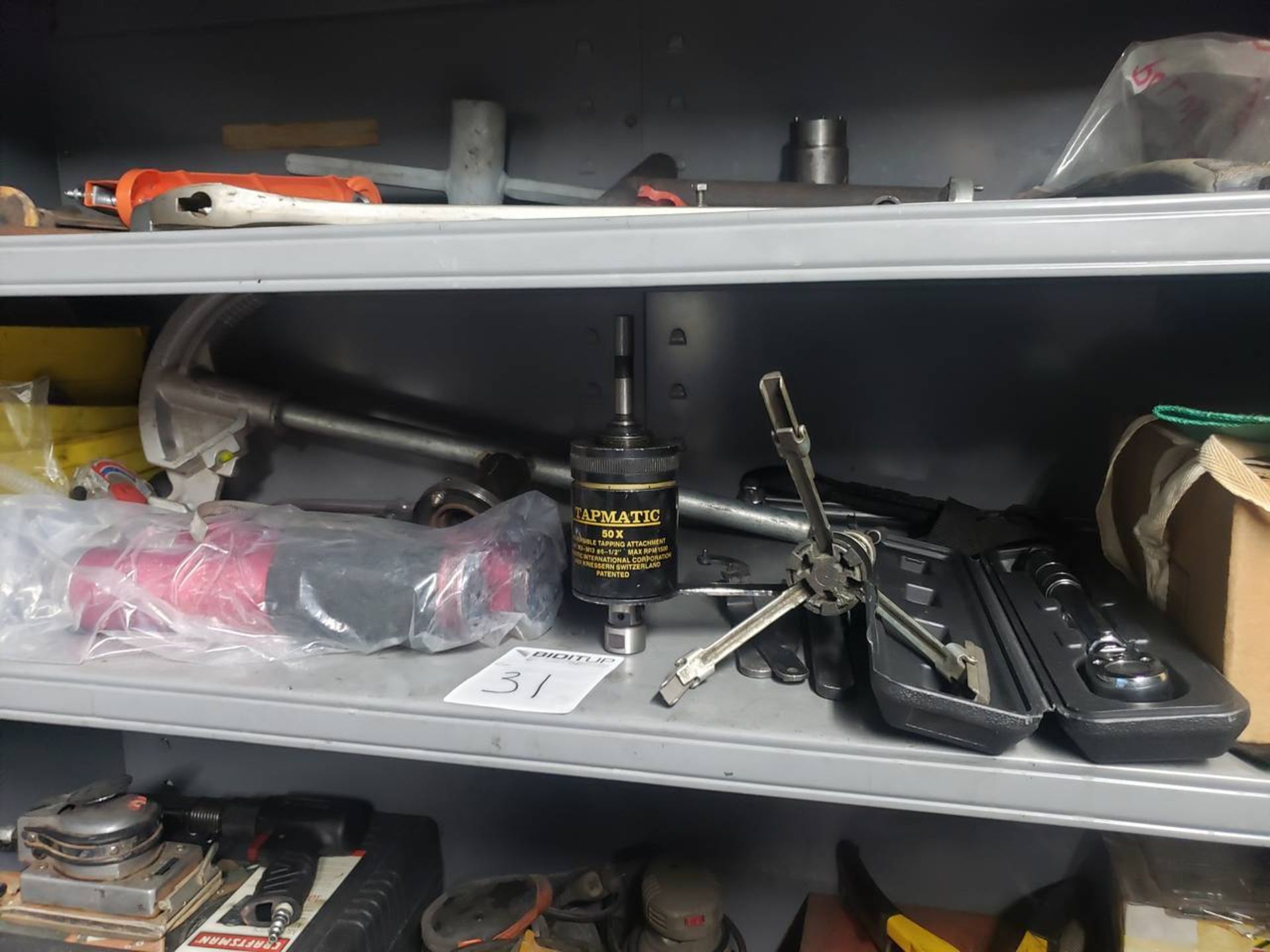 Shelf of Assorted Tools Torque Wrench, Honer, (3) Aluminum Grease Canisters, (1) Pipe Bender & - Image 2 of 2