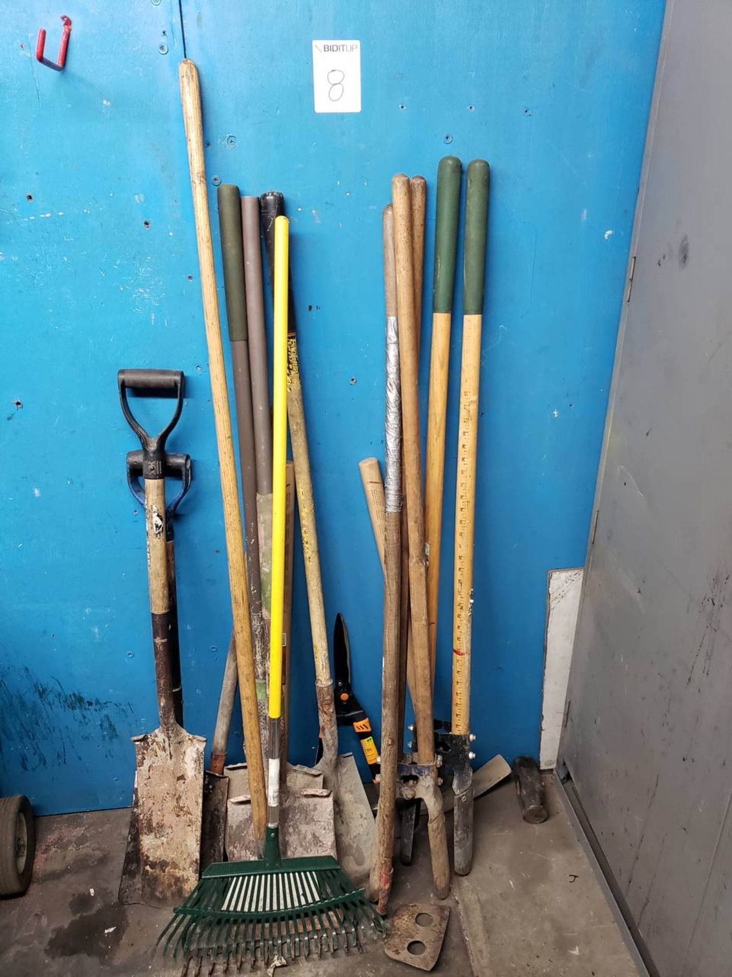 Assorted Hand Tools (20 Post Hole Diggers, (5) Assorted Shovels, (1) Hoe, (1) Pick Axw, (1) Hedge