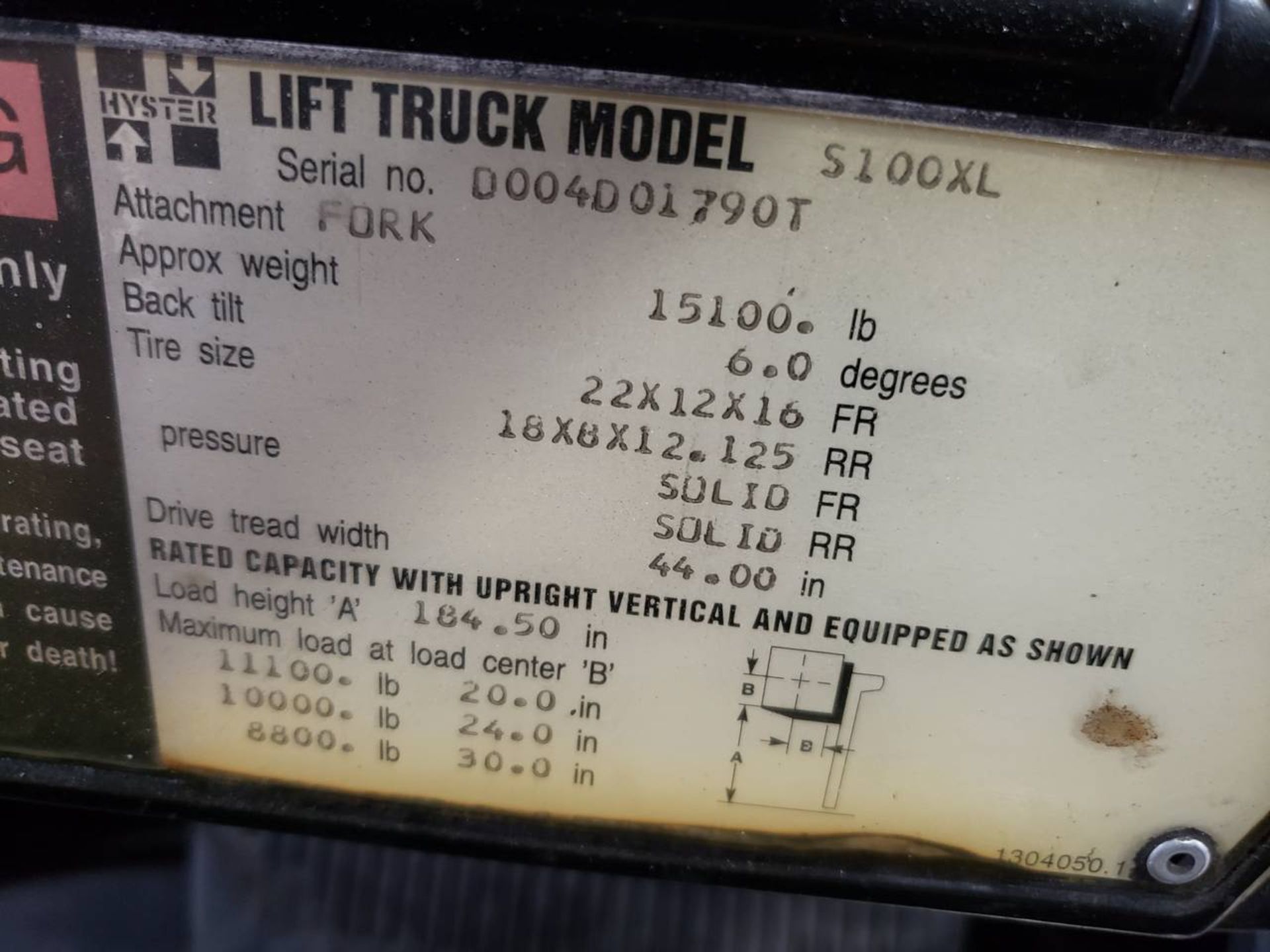 Hyster S100XL 6Cyl., LPG Forklift, 10,000Lb Capacity, 7247.8 Hrs, 48" Forks S/N D004D01790T - Image 8 of 8