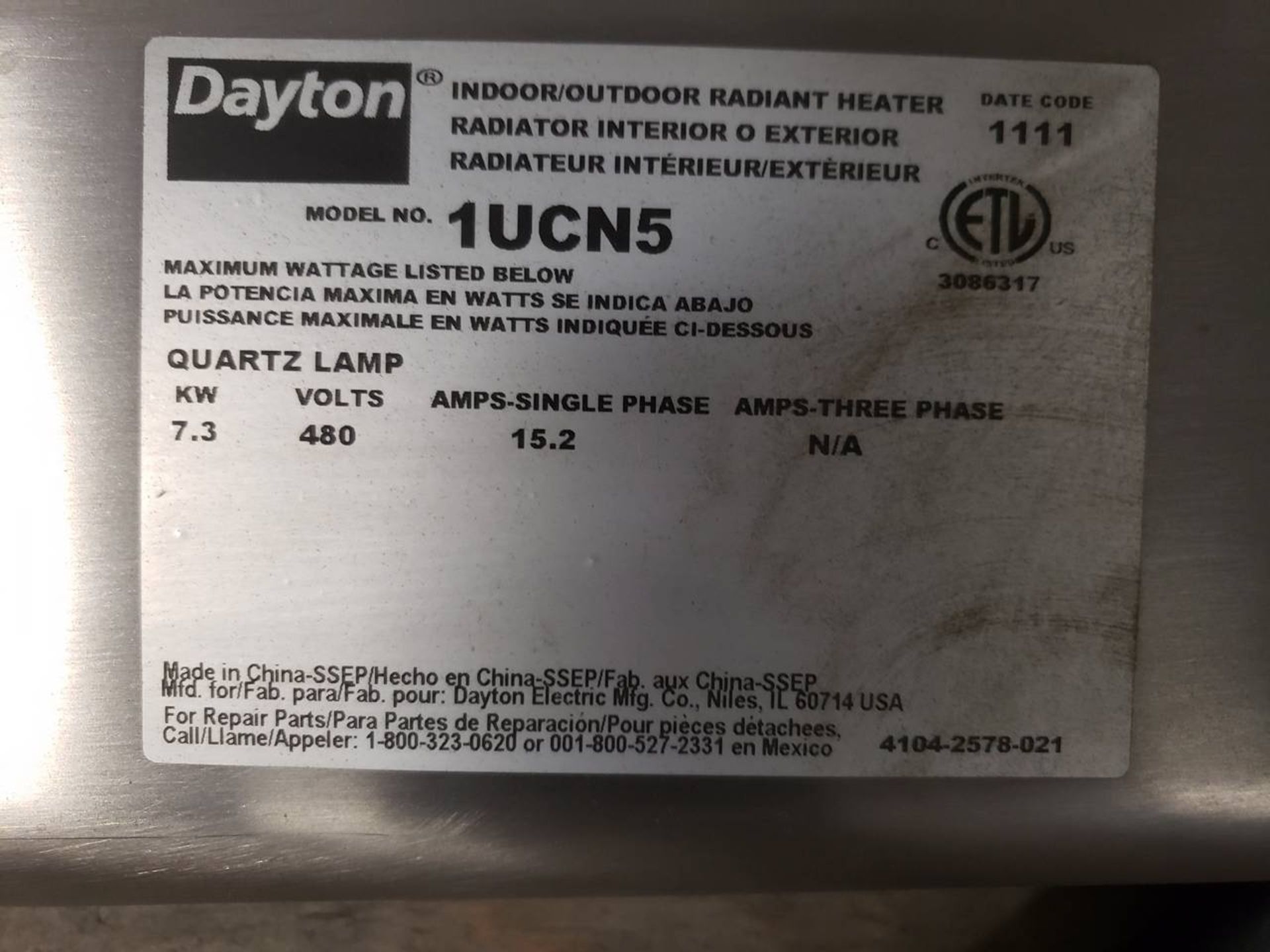 2011 Dayton 1UCN5 Indoor/Outdoor Radiant Heater 7.3KW Quartz Lamp,480V, 15.2A, 1PH - Image 3 of 3