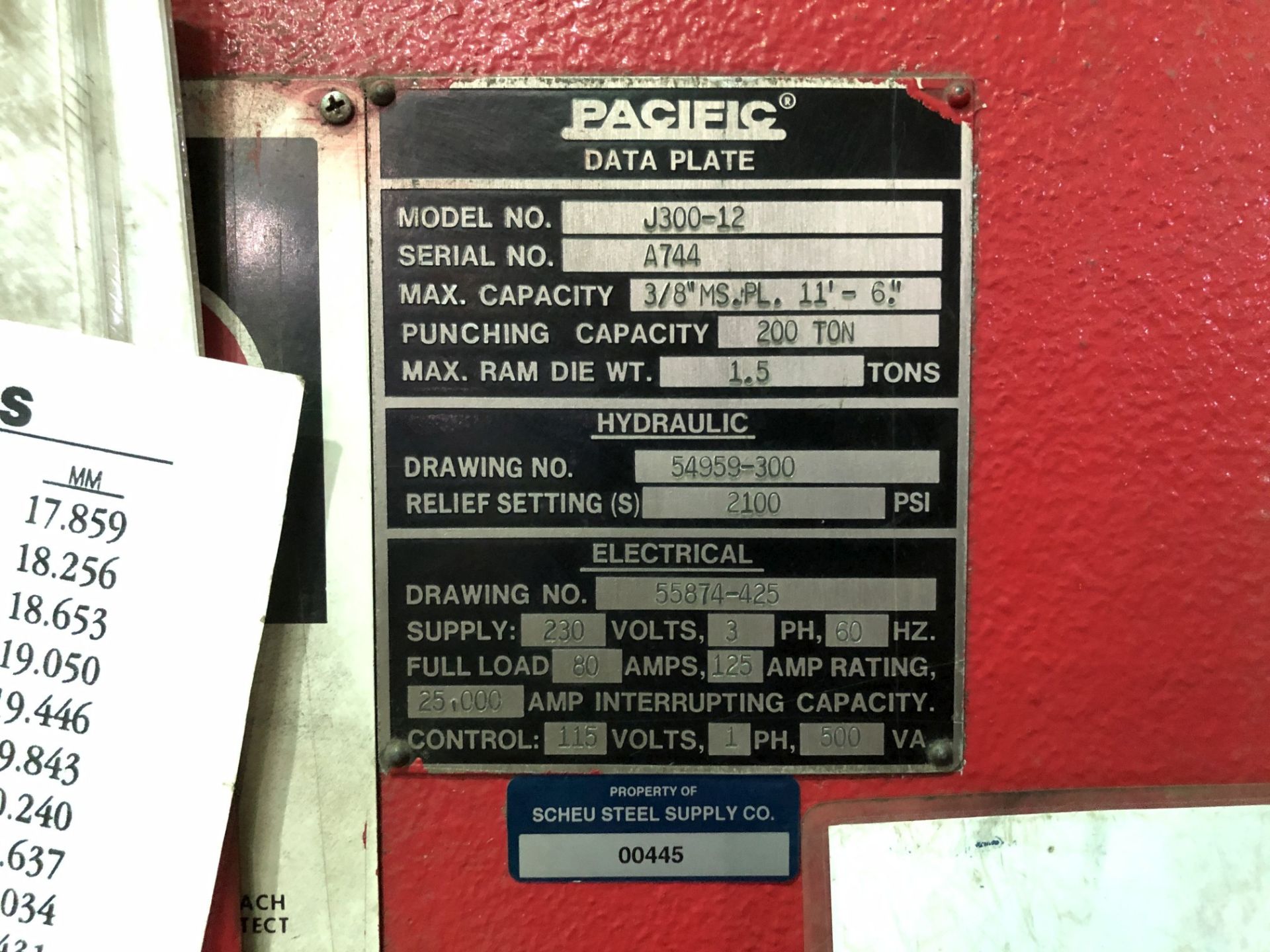 300 Ton x 12' Pacific CNC Hydraulic Press Brake, Model J300-12, 10'-5" Between Housings, Hurco - Image 15 of 15