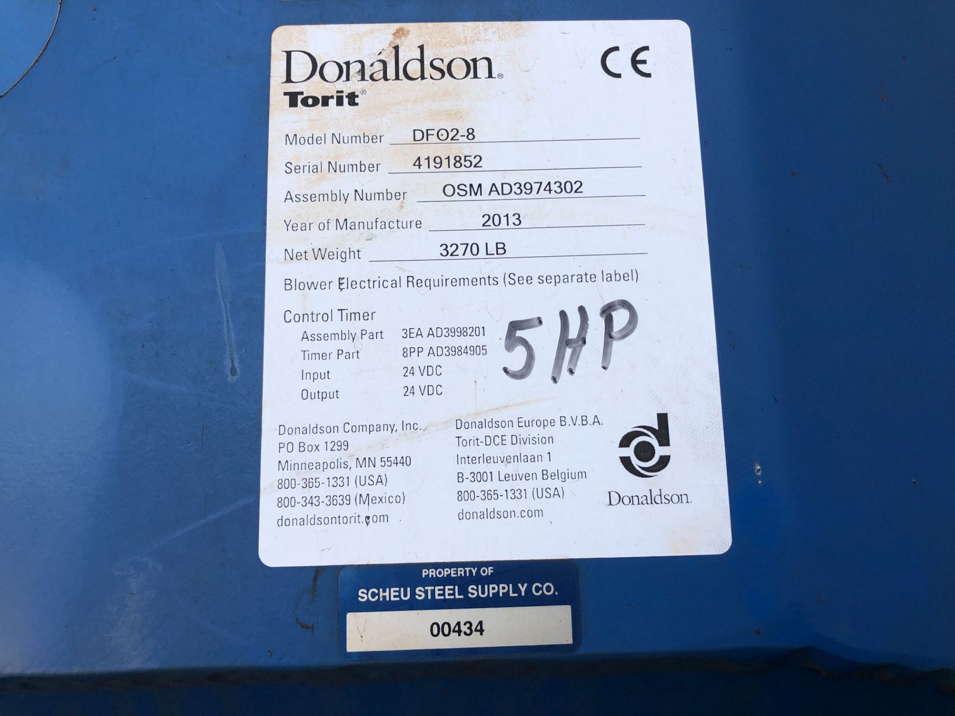 2013 Donaldson Torit 5 HP Dust Collector, Model DFO2-8, (8) Cartridge Filters, S/N 4191852 [ - Image 7 of 7