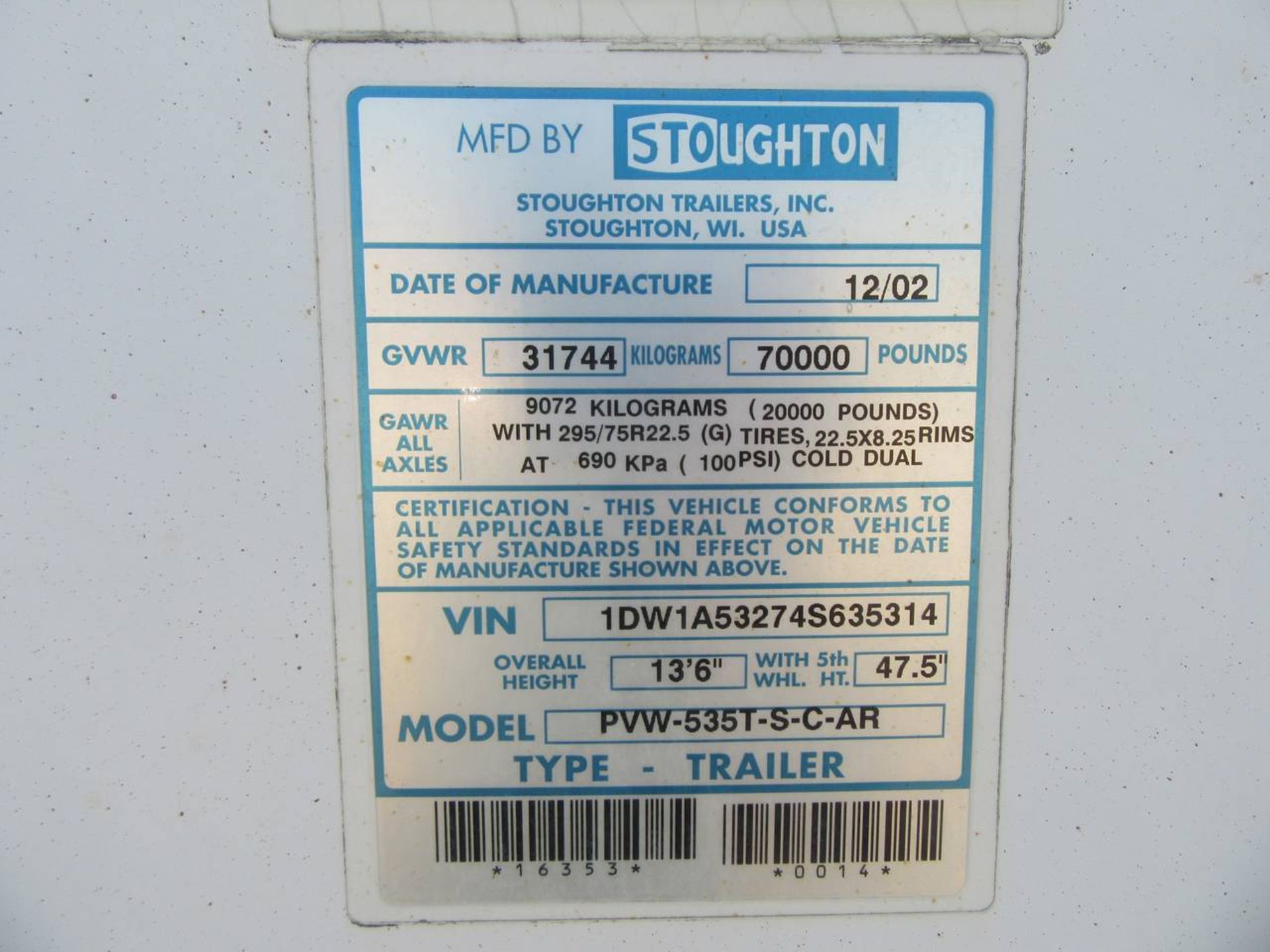 2004 Stoughton AVW-535T-S-C-AR 53' Dry Box Van Trailer - Image 3 of 6