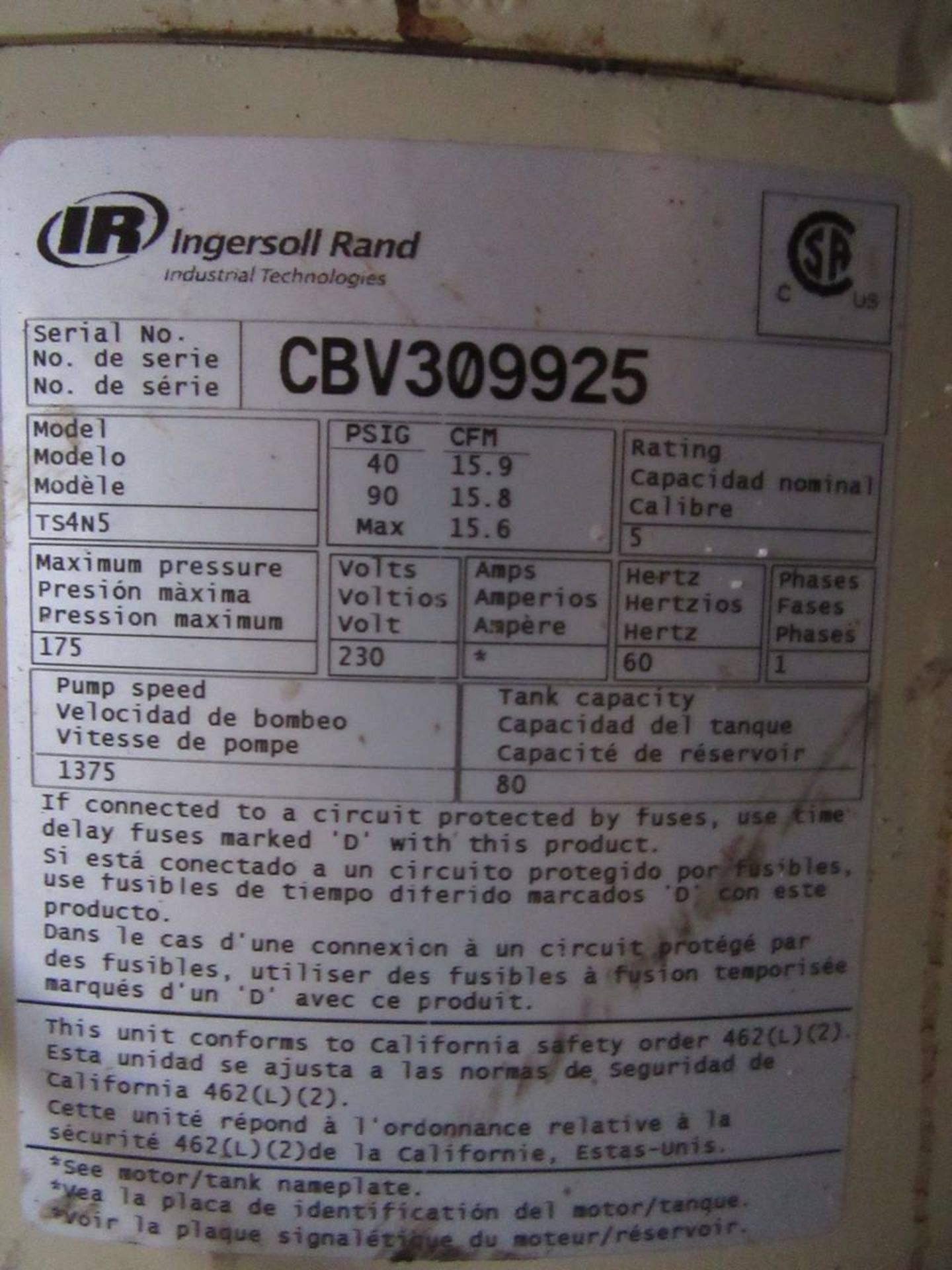 Ingersoll Rand TS4N5 Vertical Air Compressor - Image 2 of 2