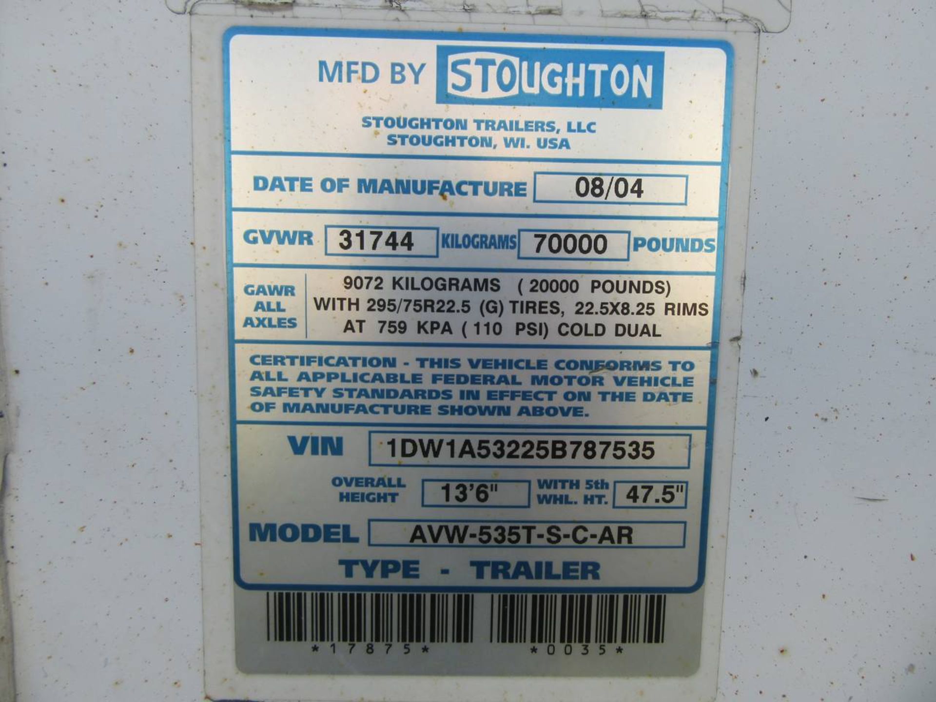 2004 Stoughton AVW-535T-S-C-AR 53' Dry Box Van Trailer - Image 3 of 4