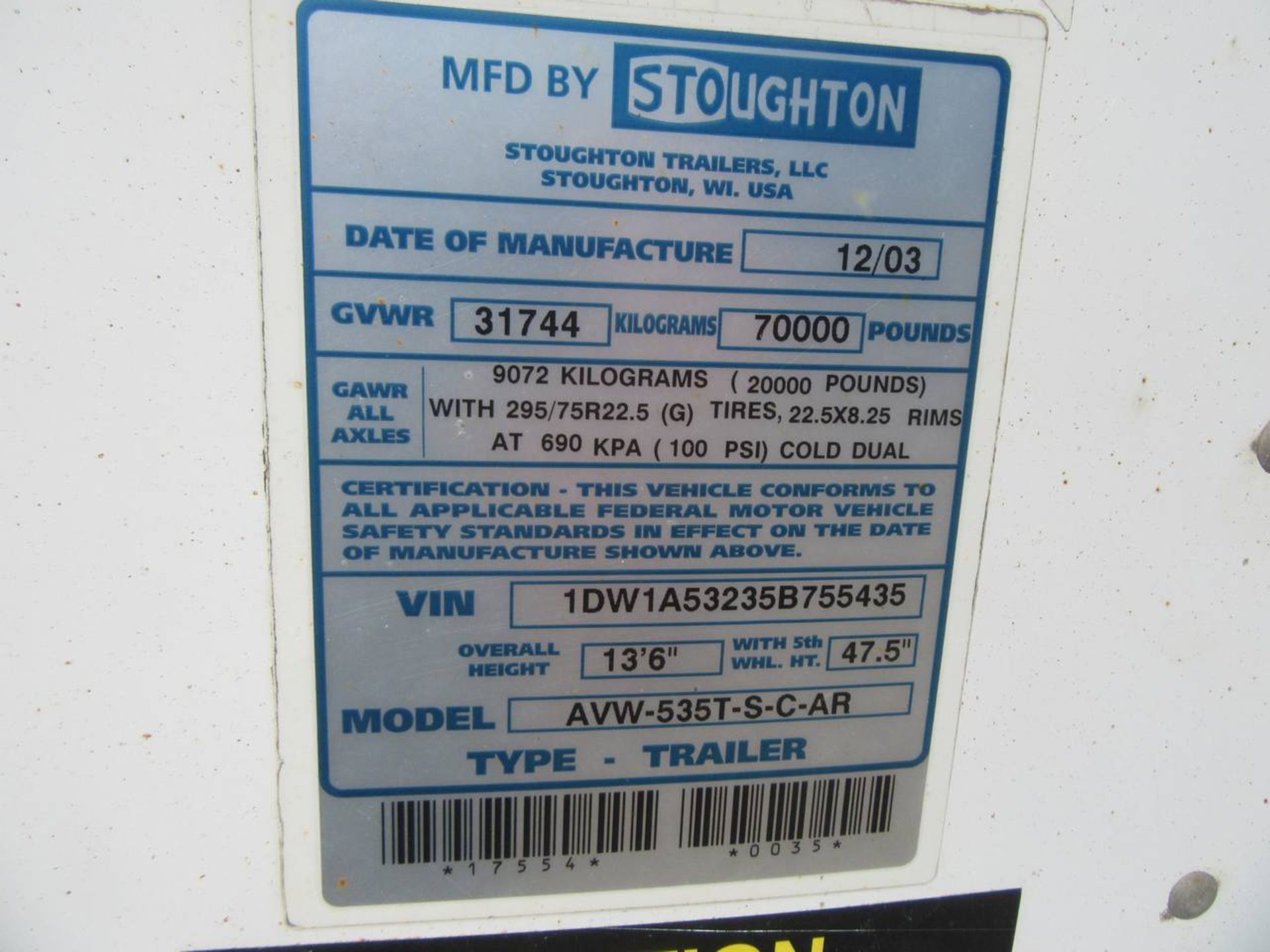 2005 Stoughton AVW-535T-S-C-AR 53' Dry Box Van Trailer - Image 3 of 5