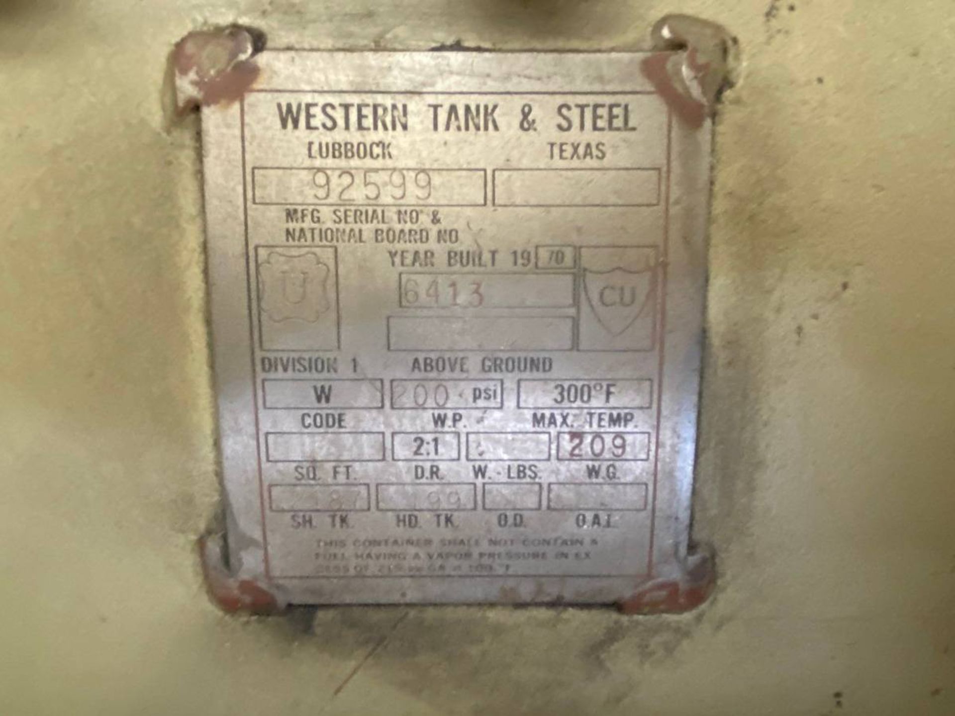 1970 Western Tank And Steel 92599 Air Tank 2187 Sq. Ft, 200 Psi, - Image 3 of 3