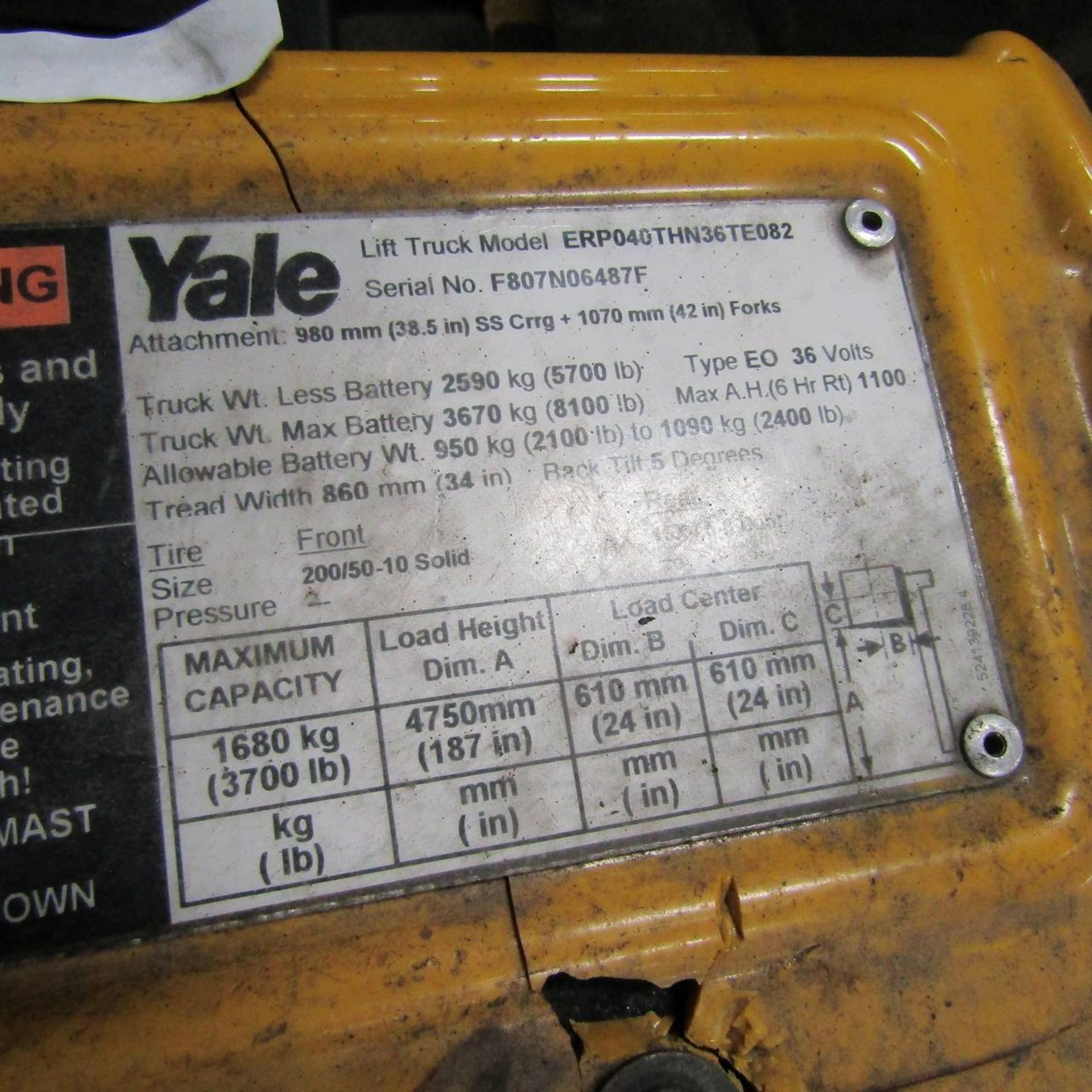 2008 Yale ERP040THN36TE082 Electric Fork Lift - Image 5 of 5