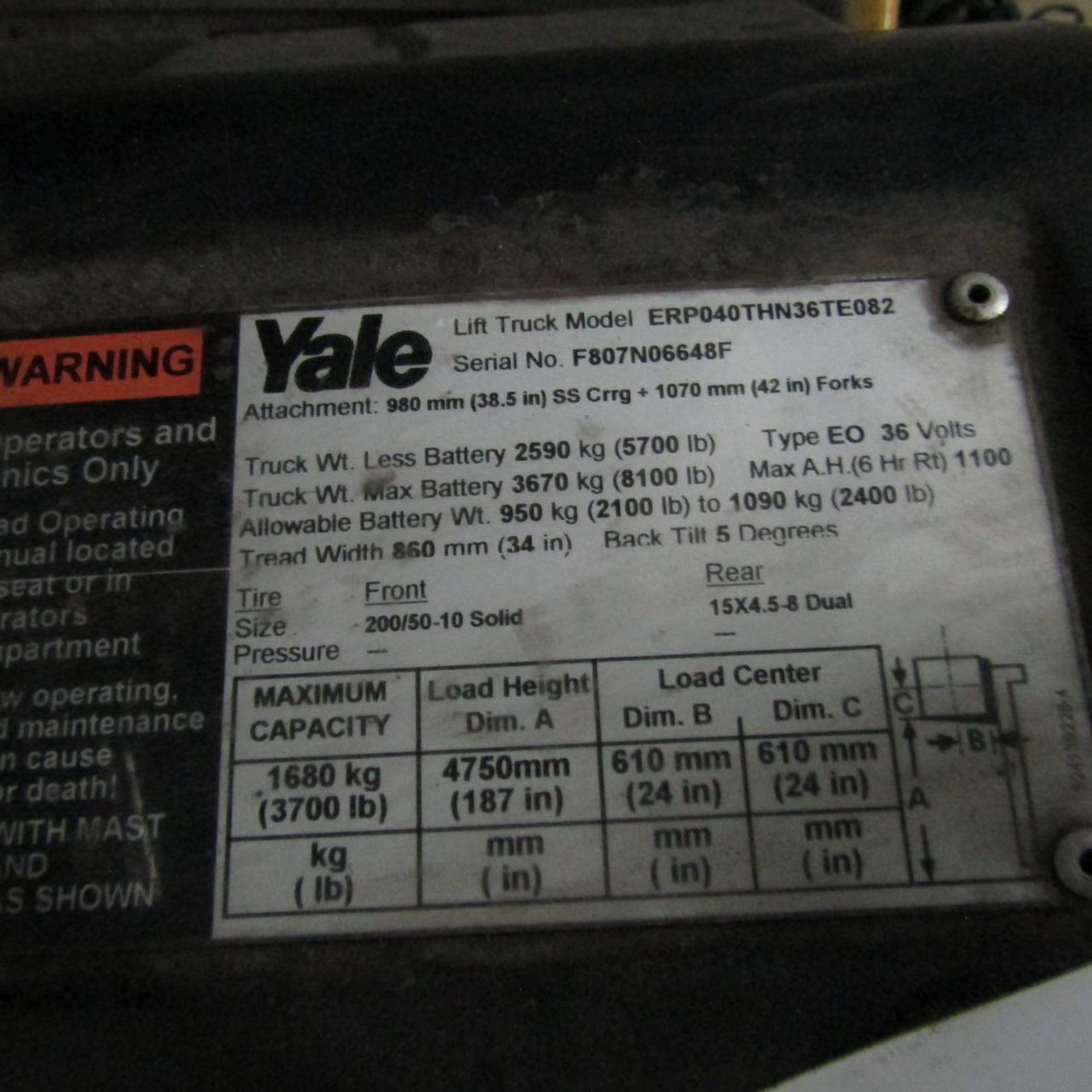 2008 Yale ERP040THN36TE082 Electric Fork Lift - Image 6 of 6