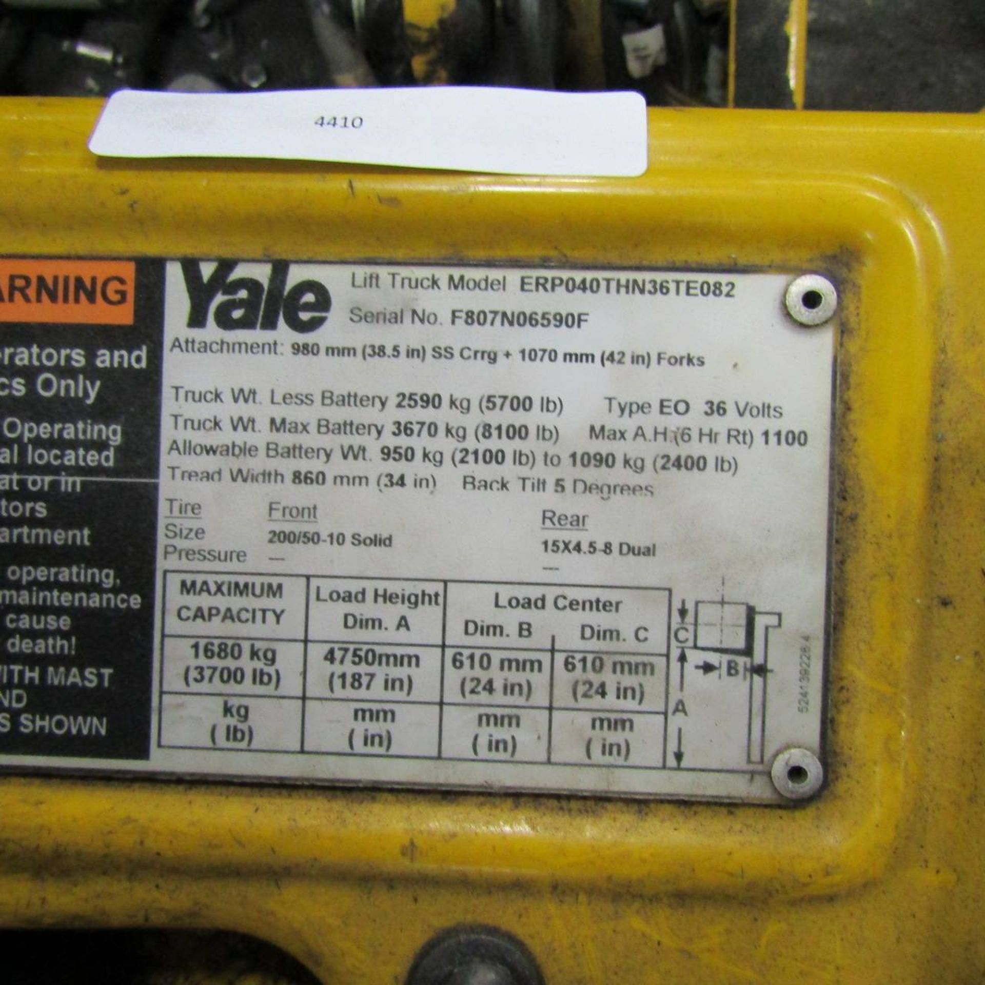 2008 Yale ERP040THN36TE082 Electric Fork Lift - Image 5 of 6
