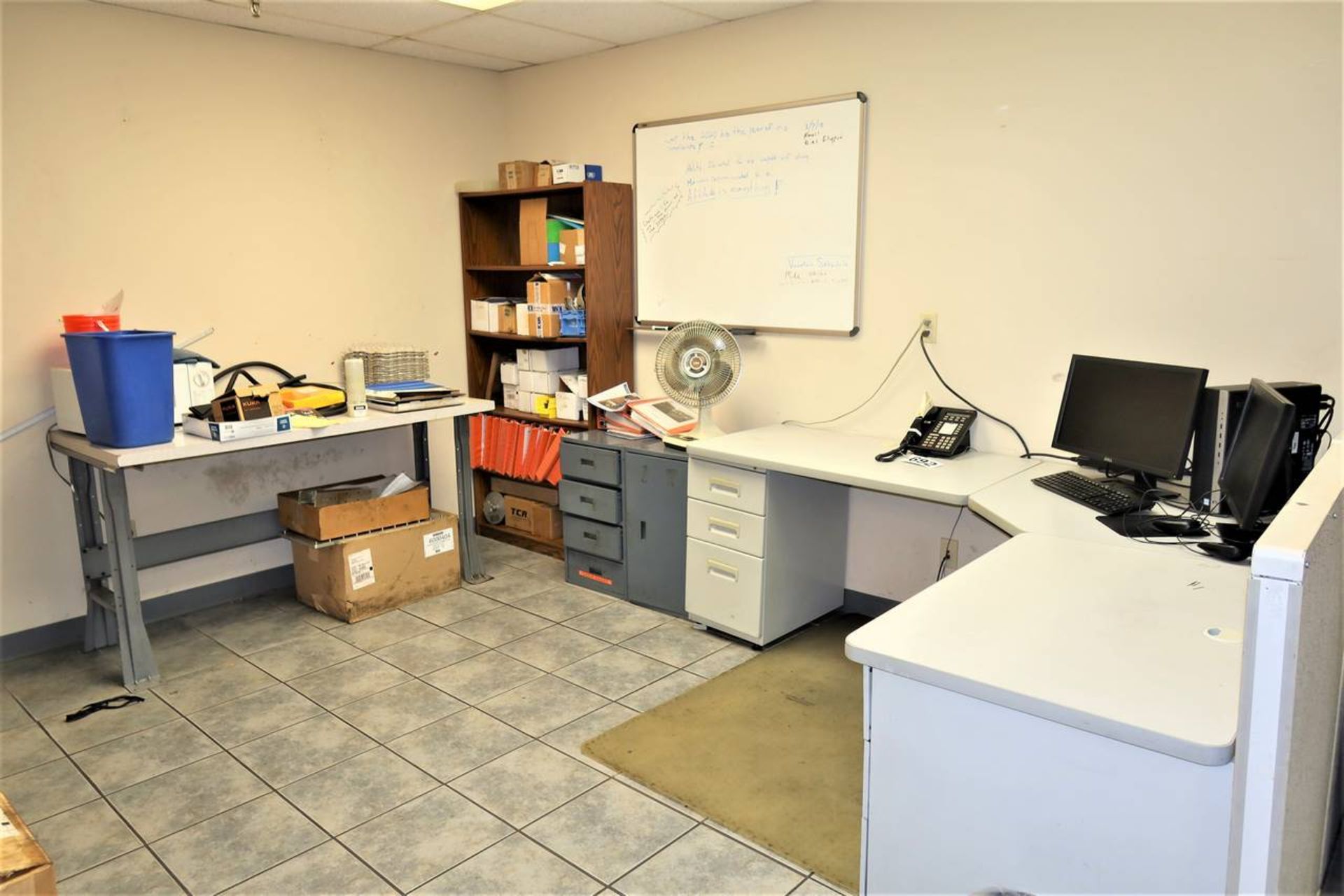 Desk, File Cabinets, Bookshelf, Table