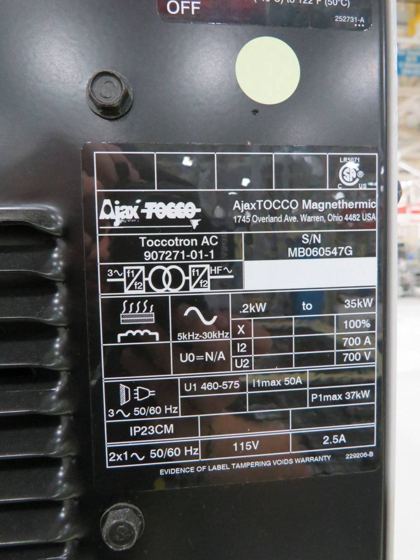 Ajax Tocco 907271-01-1 High Efficiency AC Power Induction Power Supply - Image 3 of 3