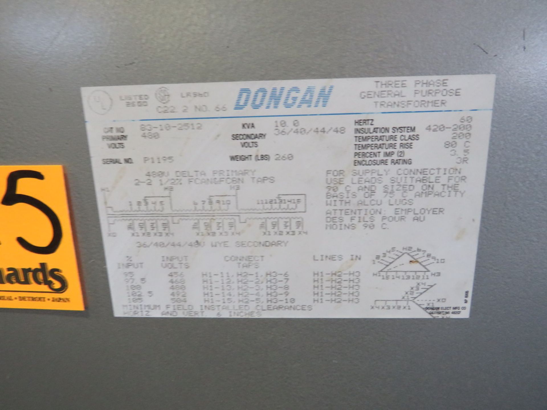 Dongan Dry Style Transformer 3PH, 60HZ [Loc: Church Hill] - Image 2 of 2