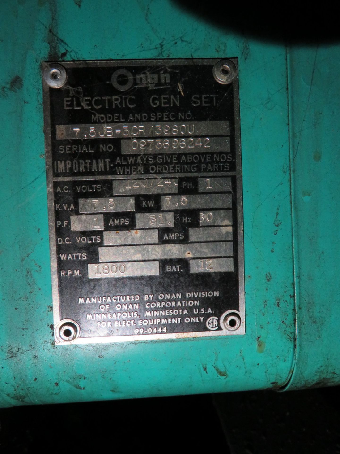 Onan Generator 7.5KVA, 120 / 240V, 1PH [Loc: Church Hill] - Image 3 of 3