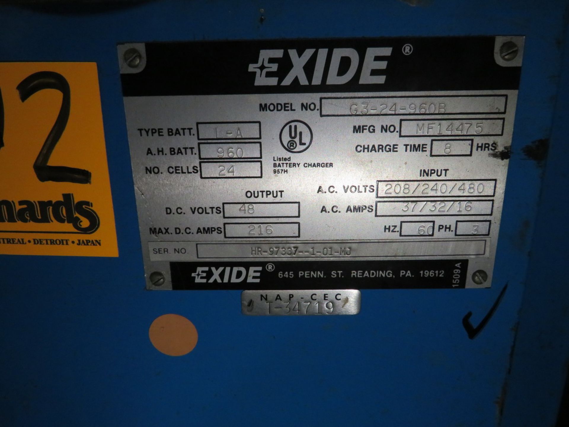 Exide 48V Battery Charger 216A, 960 Amp Hours, 8 Hrs [Loc: Church Hill] - Image 2 of 2