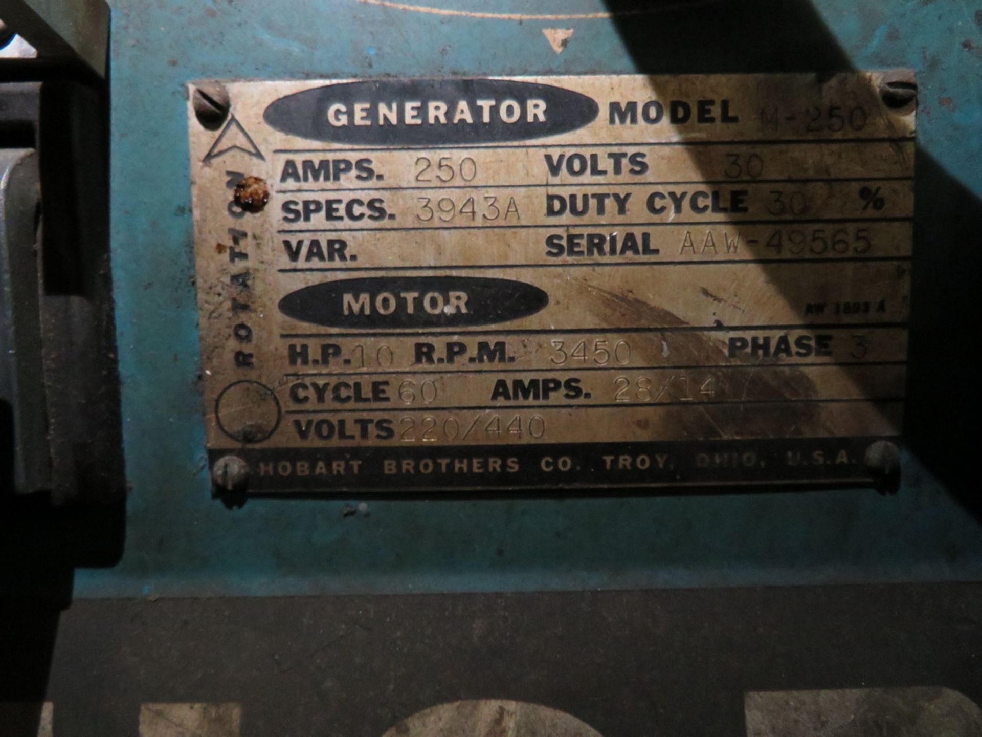 Hobart M-250 Generator / Welder 250A Max, 10HP Engine [Loc: Church Hill] - Image 3 of 3