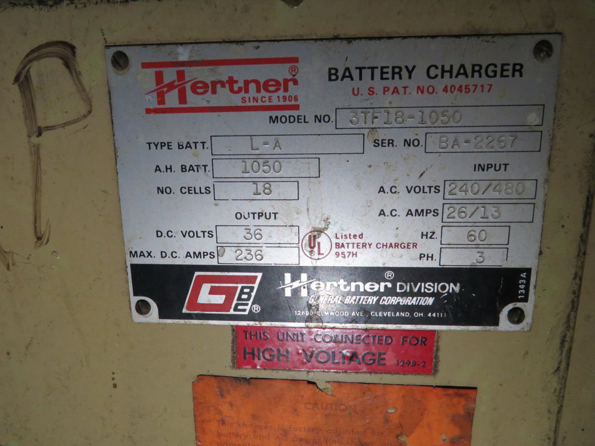 Hertner 36V Battery Charger 236A, 1050 Amp Hours, 8 Hrs [Loc: Church Hill] - Image 2 of 2
