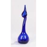 Persian blue glass rose water flask, with a dish and spouted end above an arched neck and