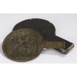 Japanese Edo period bronze hand held mirror, decorated with flowers and Japanese text, 21cm