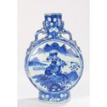 Chinese porcelain moon flask, in blue and white with dragon handles above the main circular body