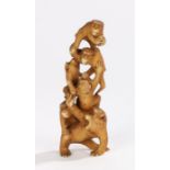 Japanese Meiji period carved tower of monkeys, with six monkeys upon one another, signed to the