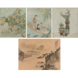 Three Chinese prints on silk, to include figures in a boat, landscape scene with buildings, two